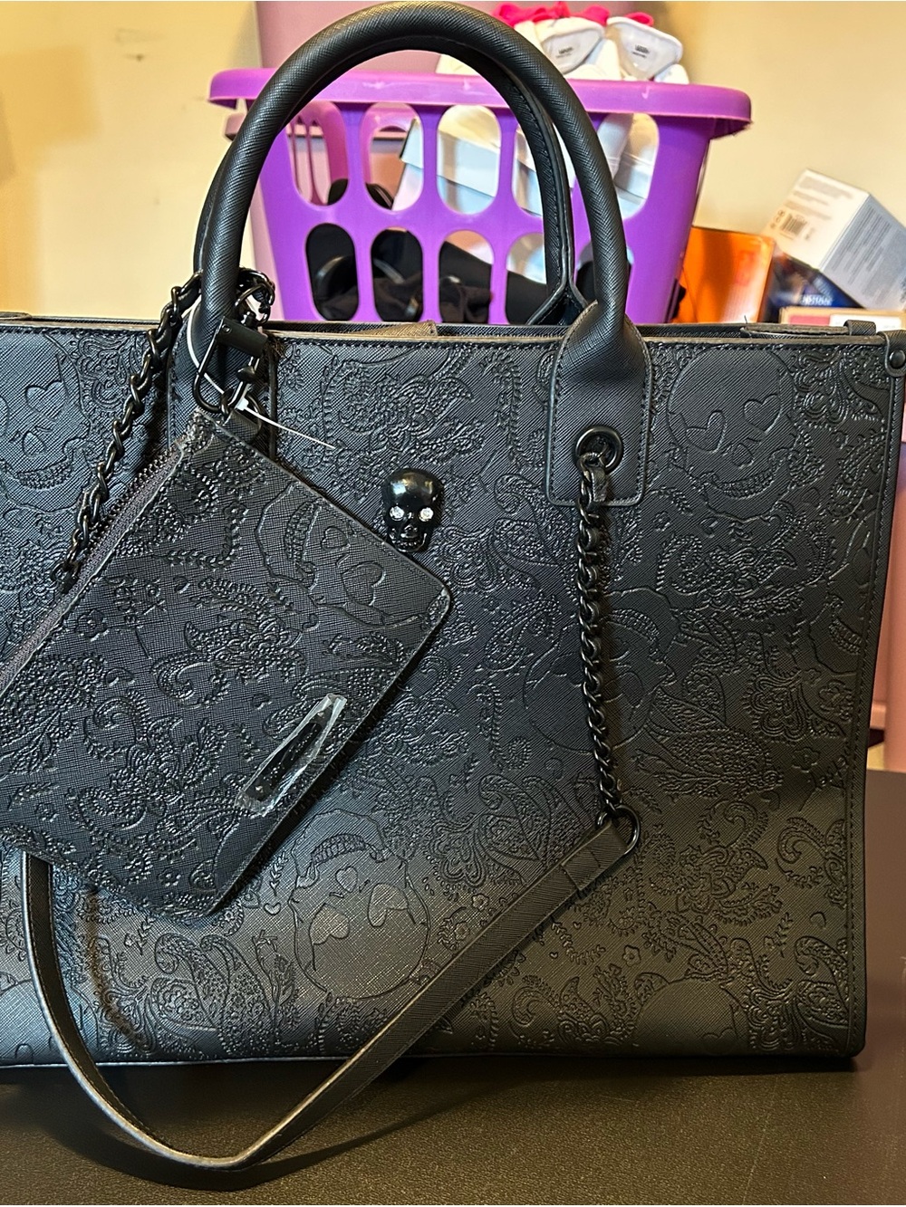 Betsey Johnson black tote bag with embossed skull design nwt